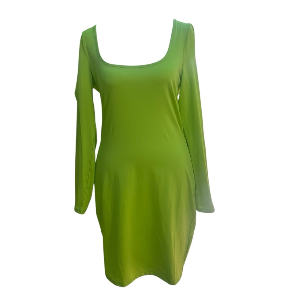 bebe Vibrant Square Neck‎ Midi Dress Acid Lime Chartreuse Bodycon Size Large